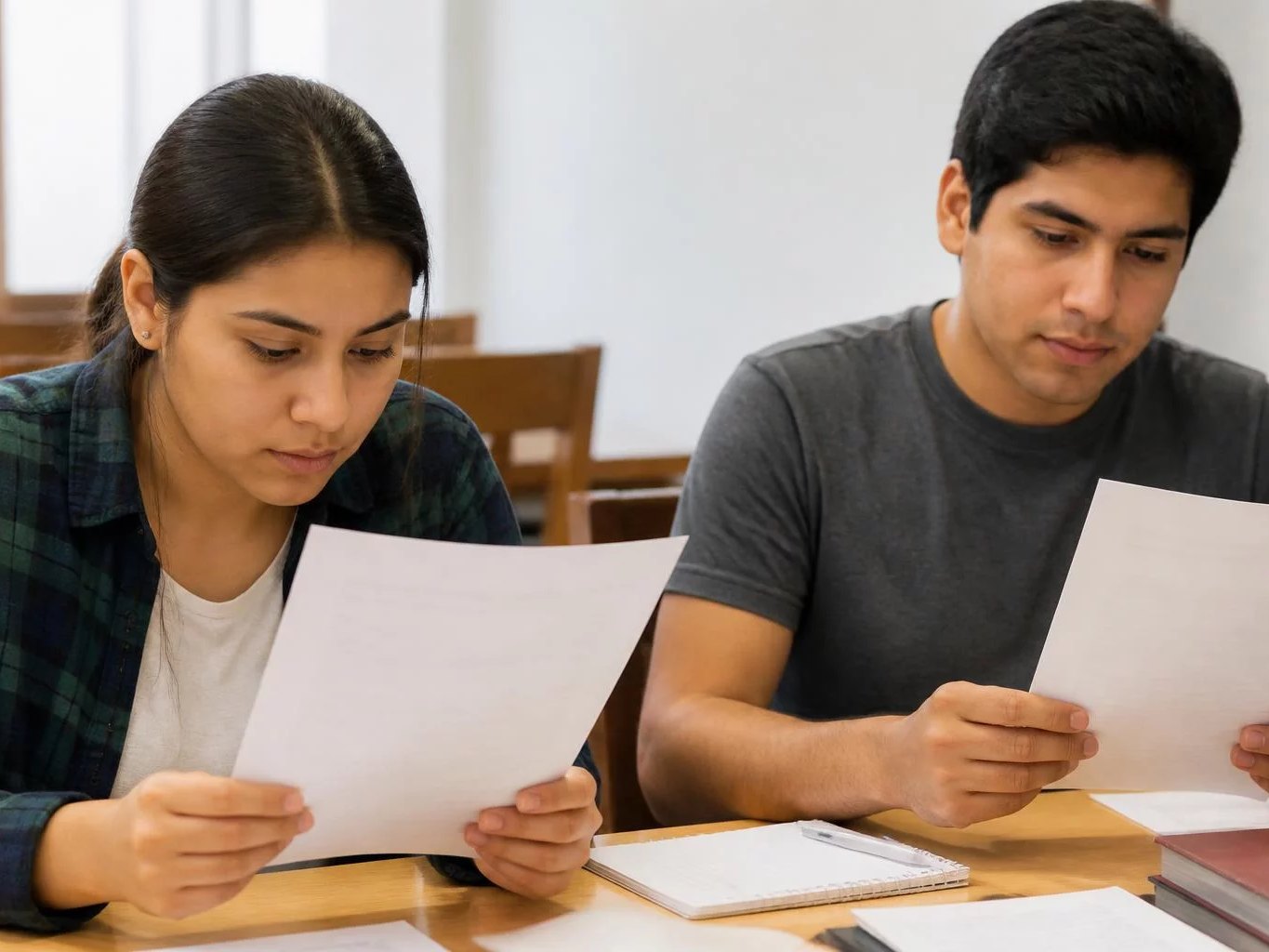 Dos asistentes leyendo juntos las hojas del caso