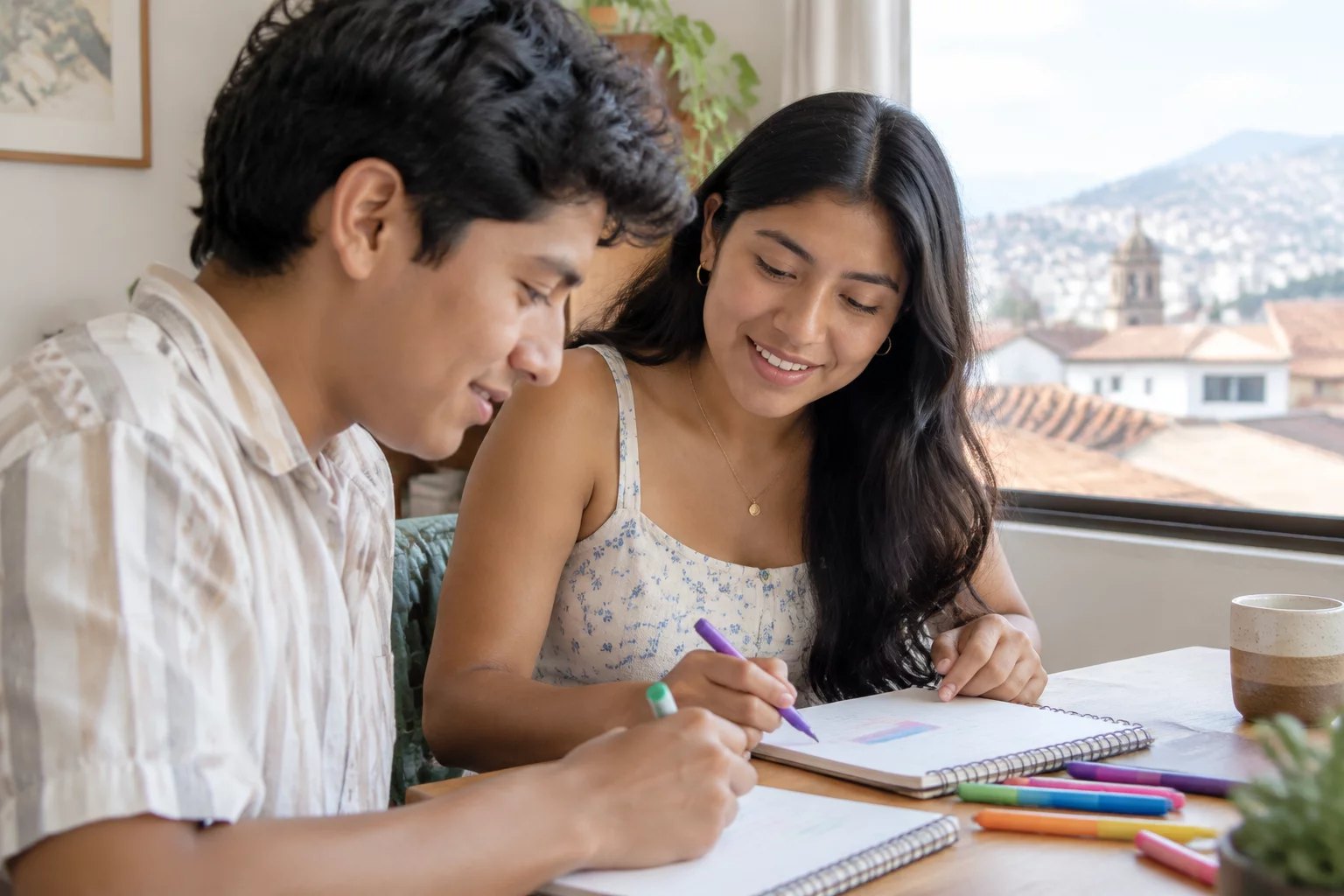 Dupla preparando su intervención con cuaderno y plumones